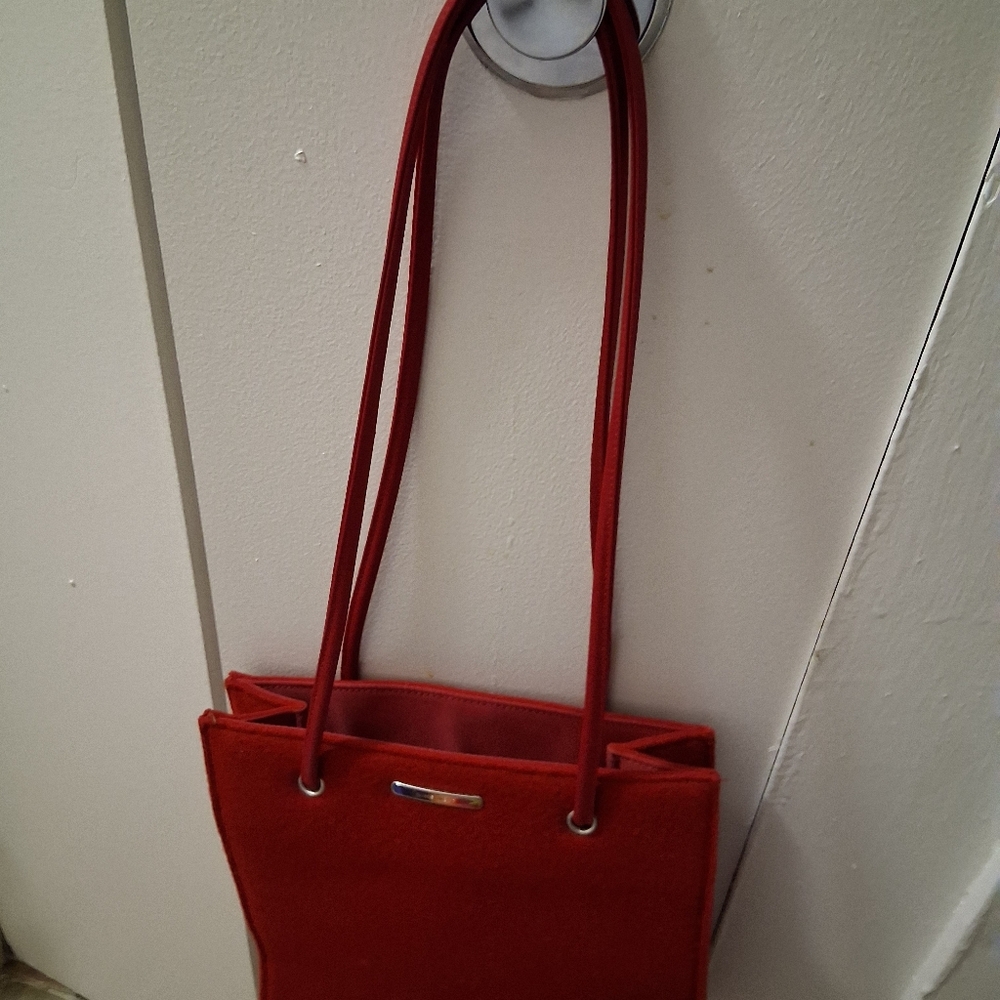 Nine West Red Wool Like Purse W Strap with Silver Logo Plate Classic